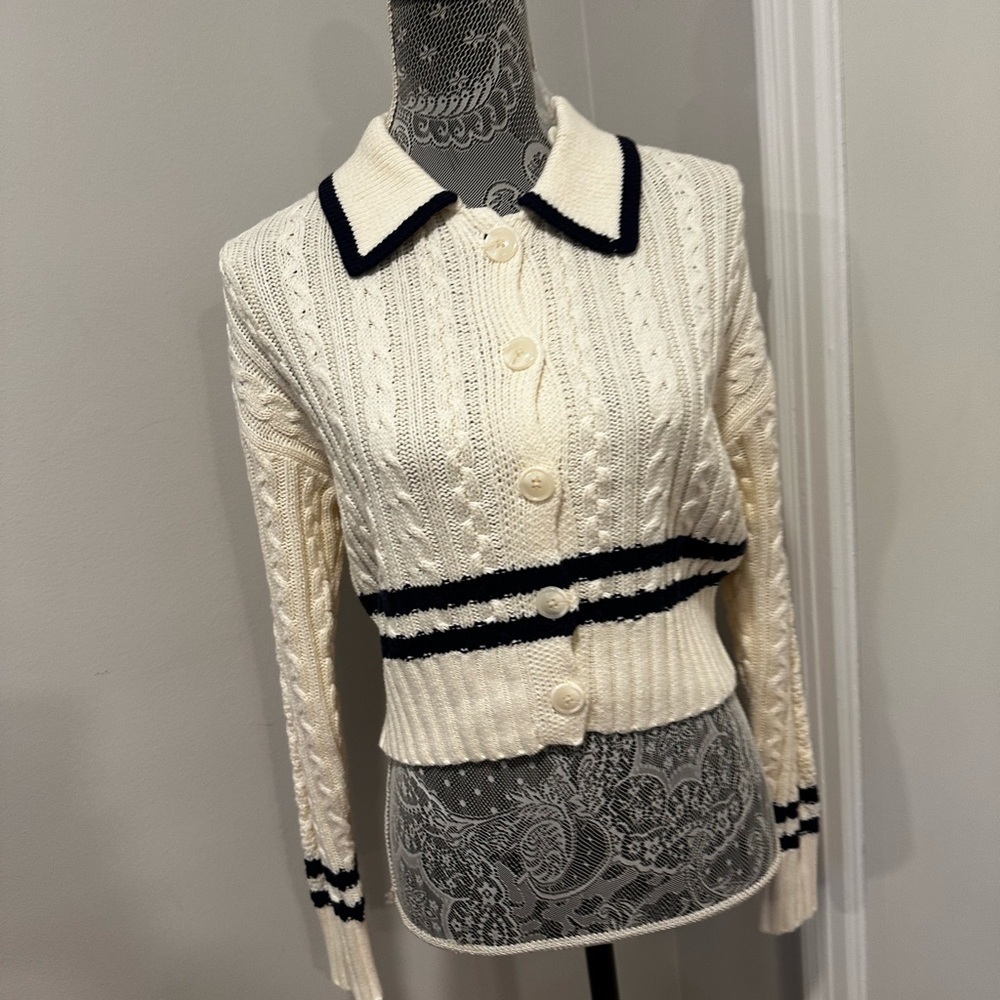 NWT Pink Rose Preppy Cream & Navy  Cable Knit Collared Cardigan. Ribbed Hem XS.